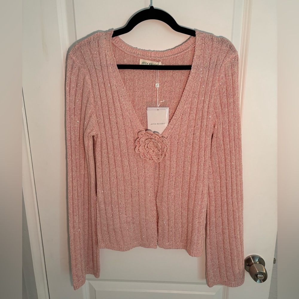 Asta Resort Size Medium Elegant Pink Ribbed Cardigan - Picture 2 of 10